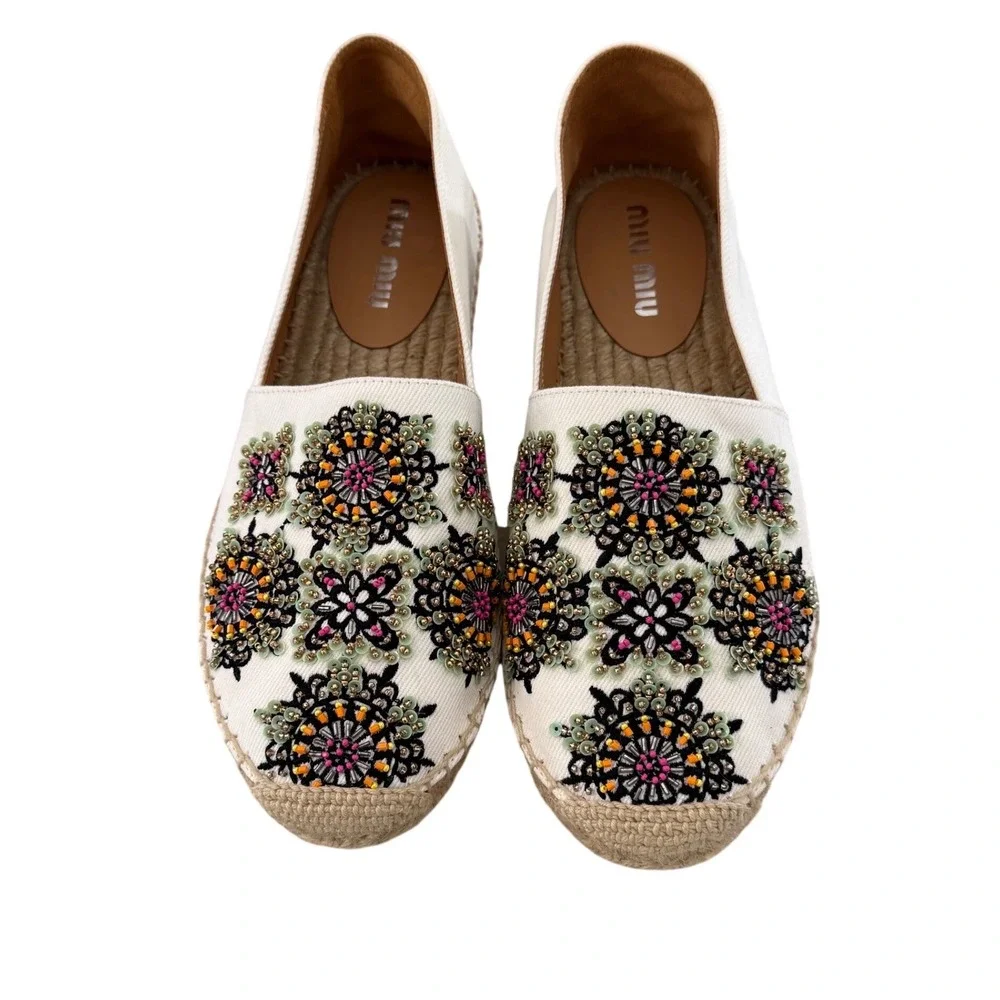 Miu Miu Floral Beaded Espadrilles Denim Ricamo White Size 40 NWT Box Dust Bags